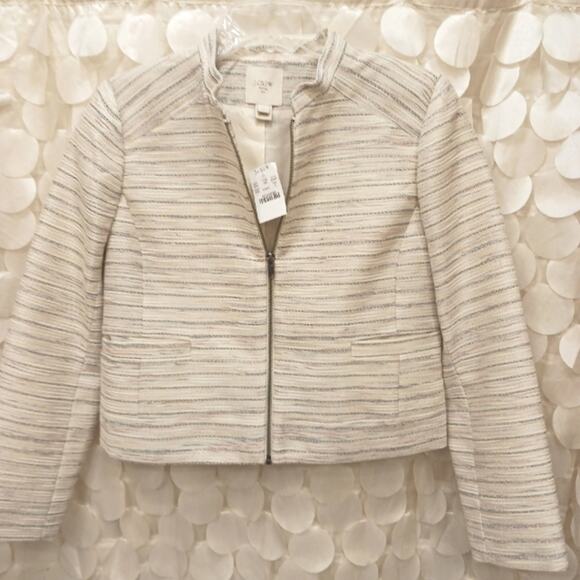 J.Crew Suiting Classy Short Jacket Sz 4 BEIGE Metallic Tweed Zip Pockets Luxury - Picture 8 of 16